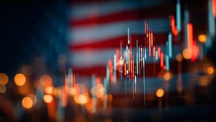 Abstract representation of financial market trading charts and stock exchange data with a blurred american flag in the background symbolizing economic trends