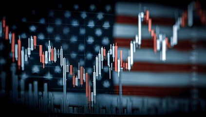 Abstract representation of financial market trends and economic data analysis overlaid on a blurred american flag backdrop symbolizing national commerce