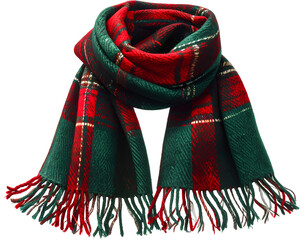 Plaid woolen winter scarf in green and red, isolated on transparent background.