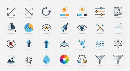 Collection of colorful icons representing various functions and settings, perfect for user interface design and application development