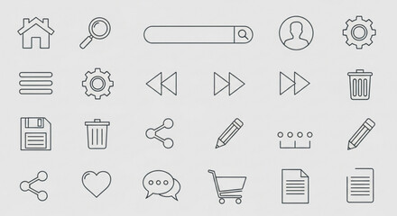 Collection of essential line icons for user interface design, covering navigation, actions, and common website elements