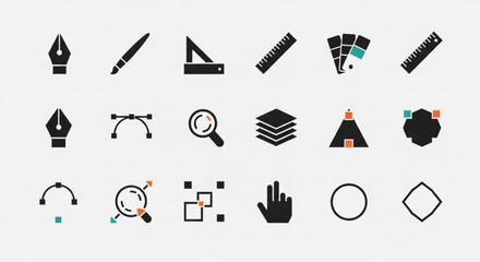 Set of black glyph icons representing graphic design and vector editing tools, including pen, ruler, shape, layer, and other design elements