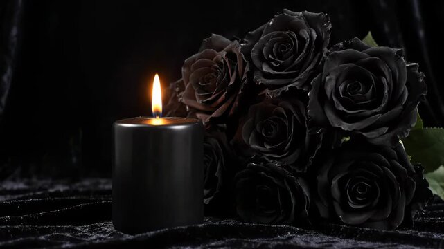 Black roses with burning candle show gothic memorial scene this is a great sad and dark funeral concept this is a very beautiful and dramatic romantic sorrow this is a great card