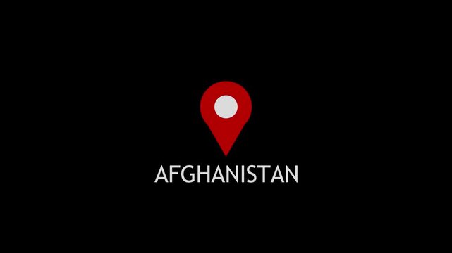 Afghanistan map location pin animation. Afghanistan text down location pin pointer icon black background, 4K video.