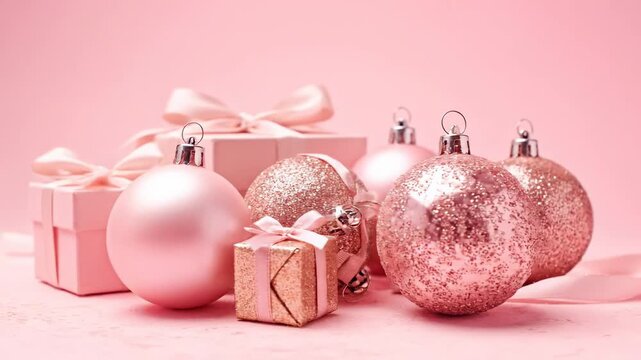 Pink christmas ornaments with gift boxes show festive holiday decoration this is a great beautiful and gentle new year background this is a very elegant and romantic party concept