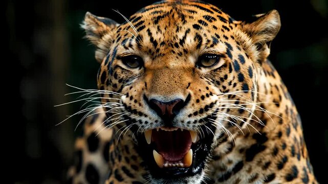 Angry jaguar roars showing wild animal aggression this is a very powerful and dangerous predator portrait this is a very beautiful and majestic wildlife scene this is a great big cat