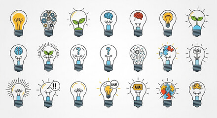 Collection of light bulb icons representing different ideas and concepts, including innovation, creativity, problemsolving, and brainstorming