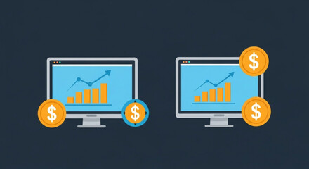 Illustration of computer screens displaying financial growth charts with dollar coins, representing investment, profit, and success in business and finance