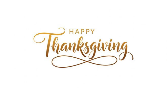 Elegant Happy Thanksgiving greeting with golden calligraphic script lettering isolated on a clean white background for holiday design