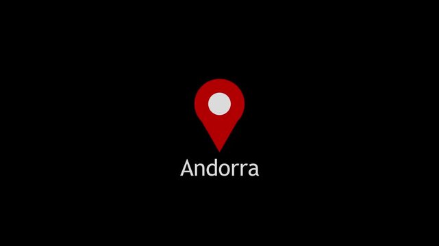 Andorra map location pin animation. Andorra text down location pin pointer icon black background, 4K video.
