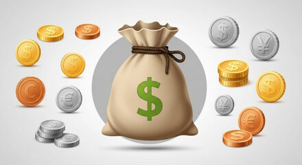 Money bag with different currency coins, showcasing global finance and investment opportunities in a visually appealing layout