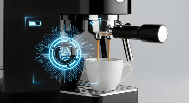 Smart coffee maker with fingerprint recognition, concept of IoT and smart home