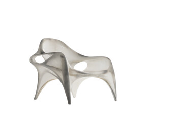 Modern transparent chair with unique design and sculptural form on a white transparent background.