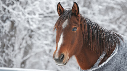 Horse standing in snow with winter coat against snowy background. Horse with winter blanket  