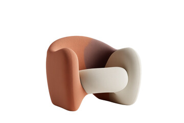 Modern armchair in abstract design with terracotta and cream colors  on a white transparent background.