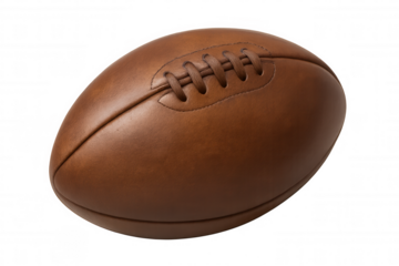 Vintage leather american football or rugby ball, old sports equipment on transparent background, classic championship game concept