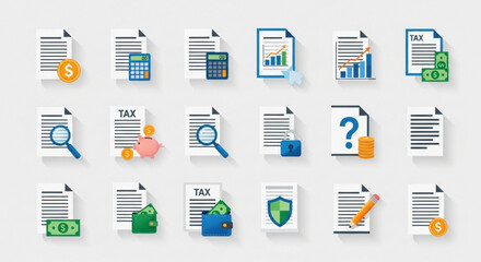 Collection of tax and accounting icons, featuring documents, calculators, magnifying glasses, and financial symbols for business and finance