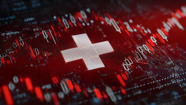 Abstract representation of swiss financial markets with a prominent white cross on a red background and fluctuating stock market data visualizations