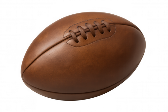 Vintage leather american football or rugby ball, old sports equipment on transparent background, classic championship game concept