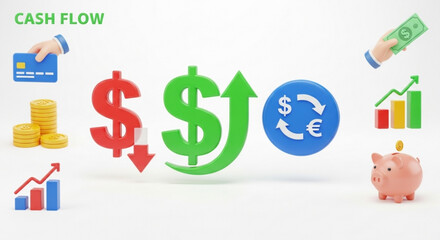 Financial planning concept with business and investment icons, including money, growth chart, piggy bank, dollar sign