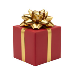 Obraz premium Elegant Red Gift Box with Shiny Golden Ribbon and Bow – Perfect for Christmas, Birthday, Anniversary, Celebration, Holiday, or Festive Present Concept on White Background 