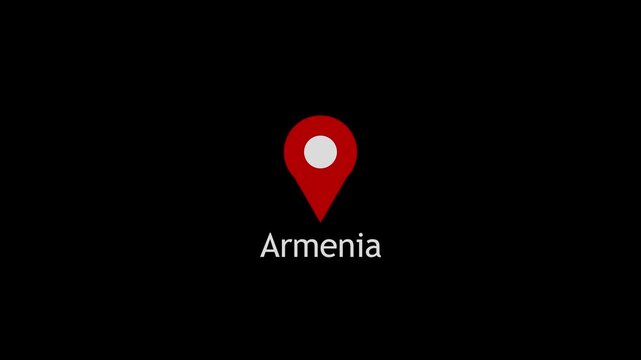 Armenia map location pin animation. Armenia text down location pin pointer icon black background, 4K video.