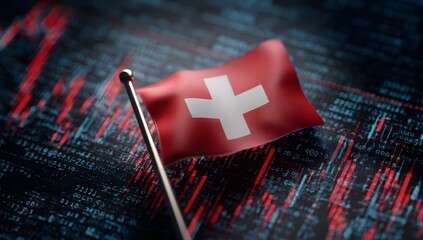 A small swiss flag waving gently against a blurred background of financial charts and stock market data representing economic activity and global investment