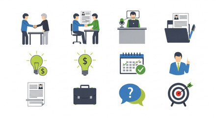 Set of job search and recruitment icons representing hiring, interviews, and career development in a simple and clean style