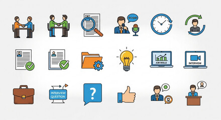 Collection of job search and recruitment icons with outline and color, depicting various aspects of the hiring process