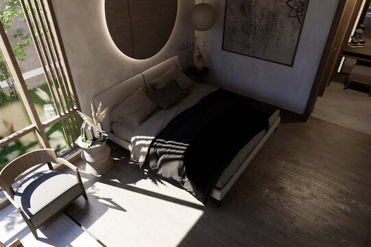 Modern Minimalist Bedroom Interior with Circular Mirror and Warm Lighting