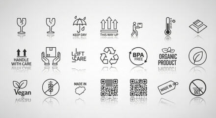 Packaging and handling vector icons set contains fragile, keep dry, this way up, handle with care, lift care, recycle, vegan and more
