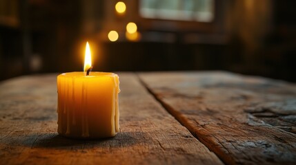 Burning yellow candle with warm flame on rustic wooden table creating cozy and peaceful evening atmosphere