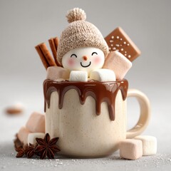 Cute snowman in knitted hat inside cup of hot chocolate with marshmallows creating warm festive mood