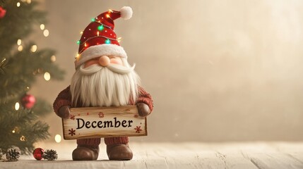 Cute Christmas gnome with red hat and lights holding wooden December sign near festive tree indoors