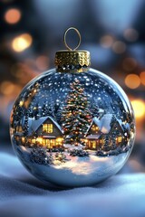 Glass Christmas bauble with glowing winter village and tree lights creating magical festive atmosphere