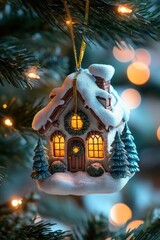 Miniature Christmas house ornament with glowing windows hanging on tree branch with festive lights