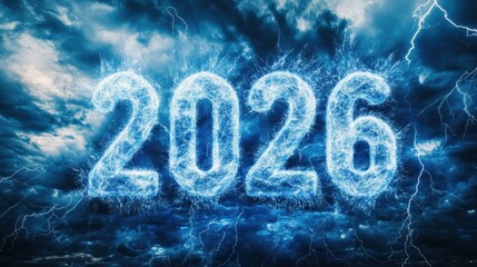 Glowing electric 2026 numbers with blue lightning in dramatic storm sky symbolizing power and new energy