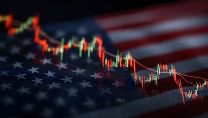 Financial market trading chart overlaying a blurred american flag symbolizing economic trends and national finance