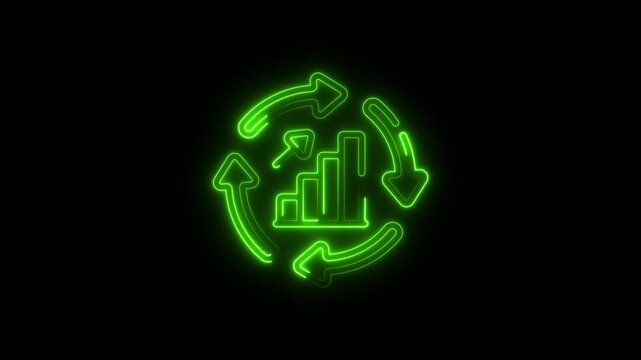 Neon green glowing cycle arrows surrounding a bar graph with upward and downward trend arrows