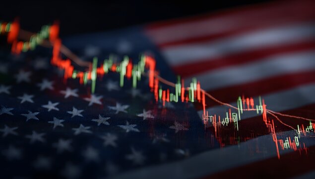 Financial market trading chart overlaying a blurred american flag symbolizing economic trends and national finance