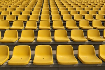 Fototapeta premium Rows of empty yellow plastic stadium seats in sunlight captured from a front view creating a geometric pattern in a sport venue concept image. Ai generative