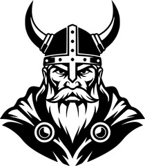 a viking with a horned helmet, simple black and white vector graphic, minimalist design