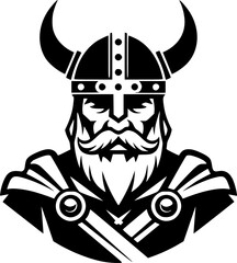 a viking with a horned helmet, simple black and white vector graphic, minimalist design