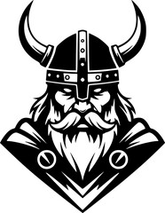 a viking with a horned helmet, simple black and white vector graphic, minimalist design