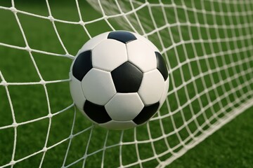 Classic black and white soccer ball hitting the net on a green grass field, symbolizing goal scoring moment in football sport concept image. Ai generative