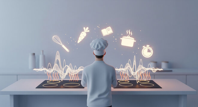 Professional chef cooking with modern induction stove and glowing recipe icons, a delicious culinary experience in a minimalist kitchen, promoting healthy food