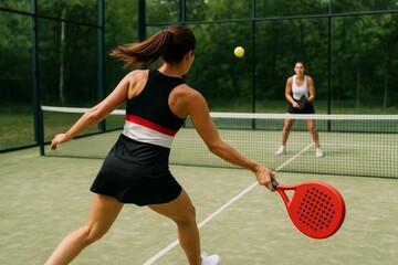 Women playing padel on outdoor court in athletic wear, mid-action during competitive match, focused on returning ball with red racket, sport concept scene. Ai generative