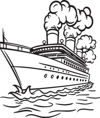 Naklejka premium Vintage Steamship Line Art – Black and White Ocean Liner Illustration with Smokestacks and Waves