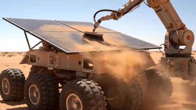 Robot arm removes dust from solar panels on Mars rover to ensure optimal energy absorption. Bright desert landscape with clear blue sky. Concept of space exploration, technology, robotics