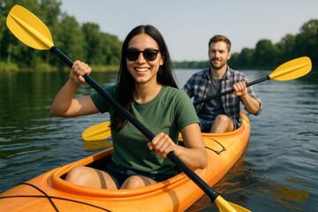 Happy couple kayaking on calm river in tandem kayak enjoying summer outdoor water sport activity under clear sky with forest background. Ai generative